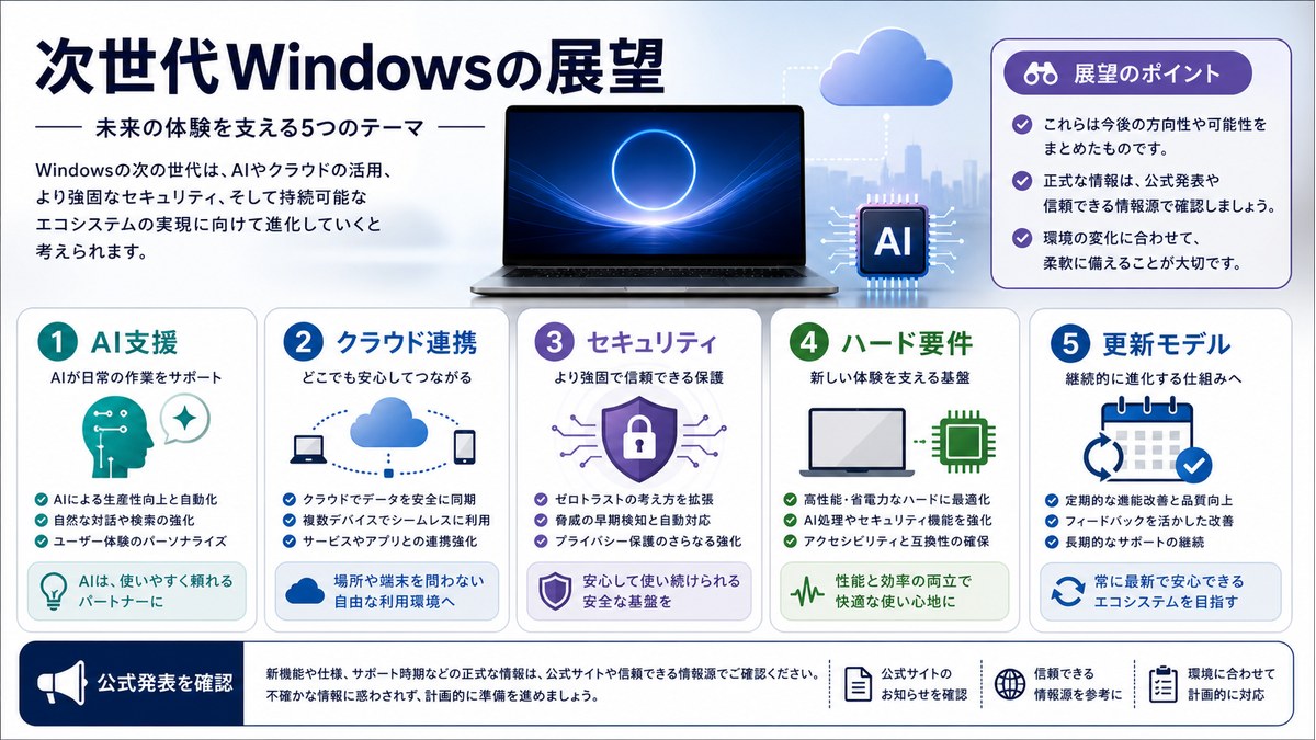 AI支援、クラウド連携、セキュリティなど次世代Windowsの注目点を整理した図解