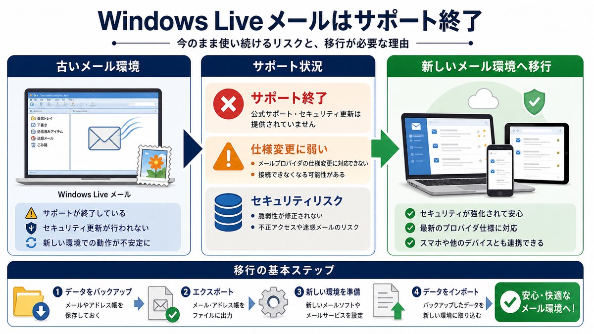 古いメール環境、サポート終了、仕様変更、バックアップ、新しいメール環境への移行を示した図解