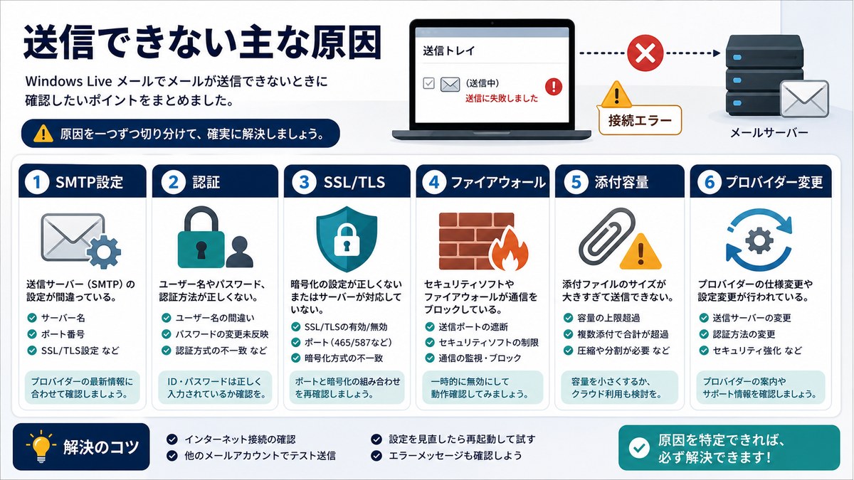 SMTP、認証、SSL/TLS、ファイアウォール、添付容量、プロバイダー変更を整理した図解