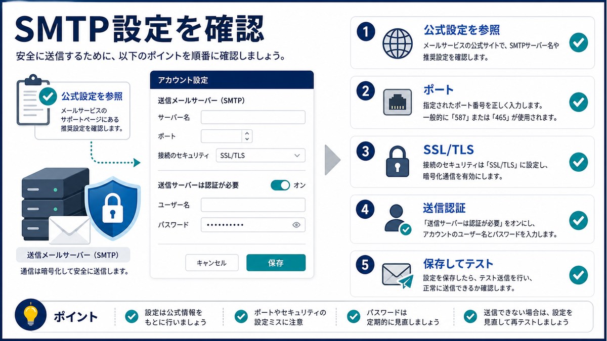 公式設定、ポート、SSL/TLS、送信認証、保存してテストを確認する図解