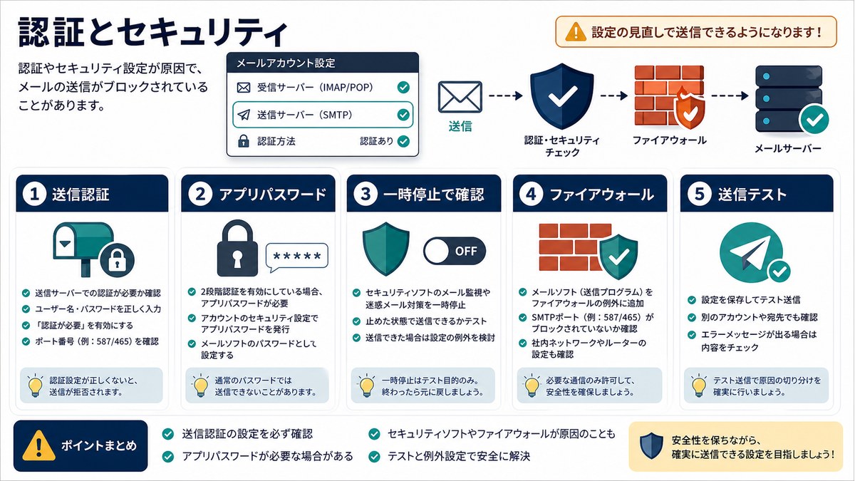 送信認証、アプリパスワード、ファイアウォール、一時停止確認、送信テストの図解