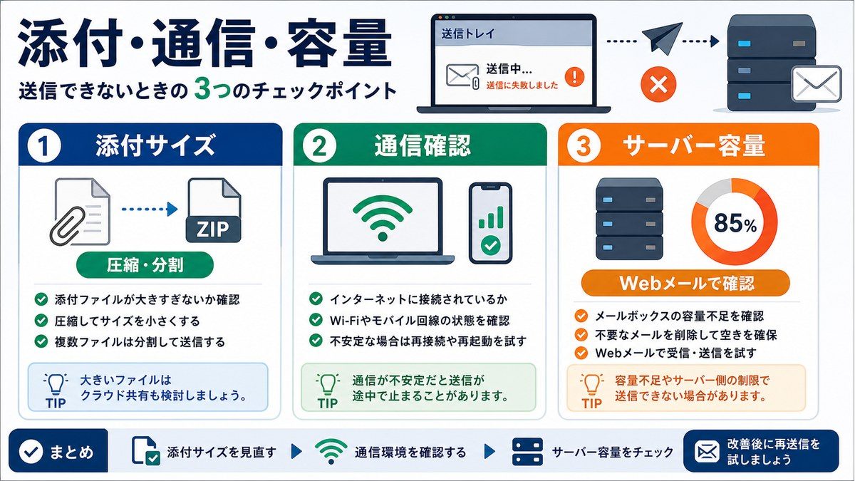 添付サイズ、圧縮分割、通信確認、サーバー容量、Webメール確認の図解