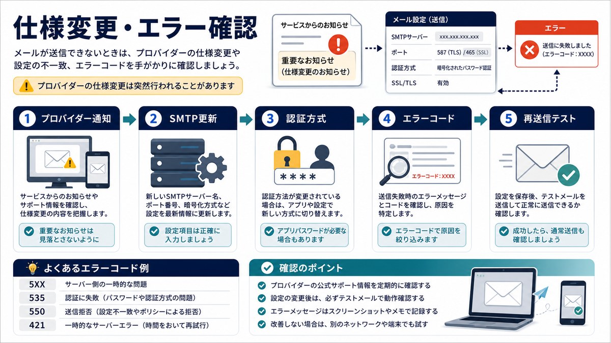 プロバイダー通知、SMTP更新、認証方式、エラーコード、再送信テストを確認する図解