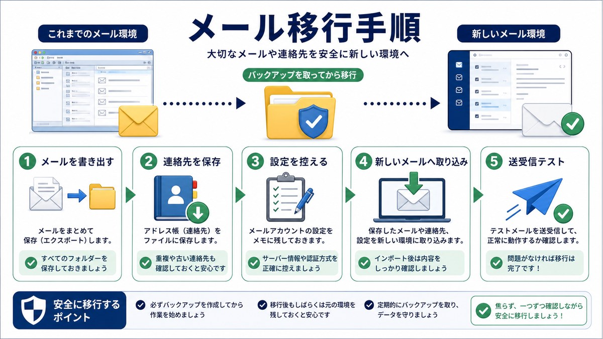 メール書き出し、連絡先保存、設定控え、新しいメールへの取り込み、送受信テストの図解