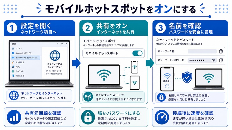 Windowsの設定からモバイルホットスポットをオンにし共有元回線や名前やパスワードを確認する流れをまとめた日本語画像