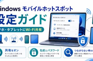 WindowsのモバイルホットスポットでスマホやタブレットにWi-Fi共有する設定を整理した日本語アイキャッチ画像