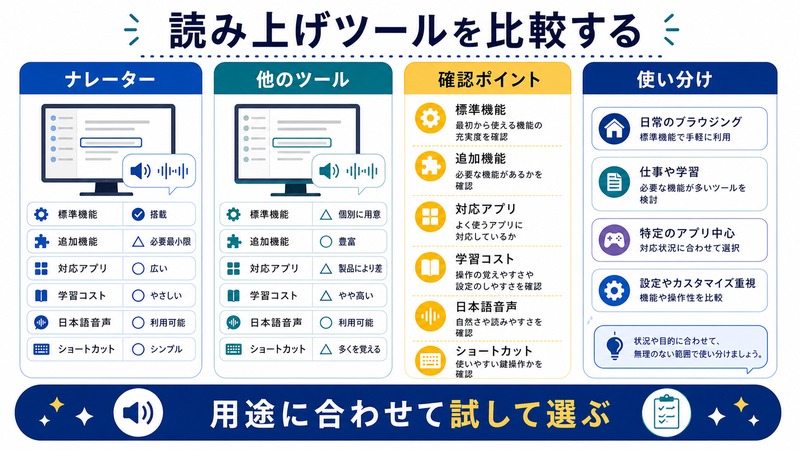 Windowsナレーターと他の読み上げツールを標準機能、追加機能、対応アプリ、学習コストなどで比較する日本語図解