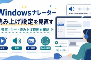 Windowsナレーターで起動、音声、キー設定、読み上げ範囲を確認する日本語アイキャッチ画像