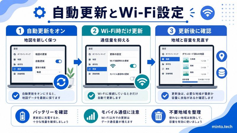 Windowsのオフラインマップで自動更新とWi-Fi時だけ更新を設定し容量を見直す流れをまとめた日本語画像