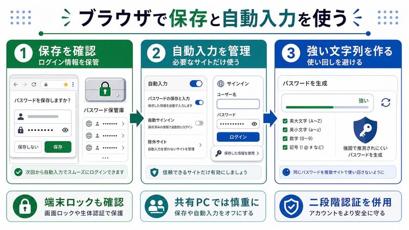 Windowsのブラウザでパスワード保存や自動入力や強い文字列作成を安全に使う流れをまとめた日本語画像
