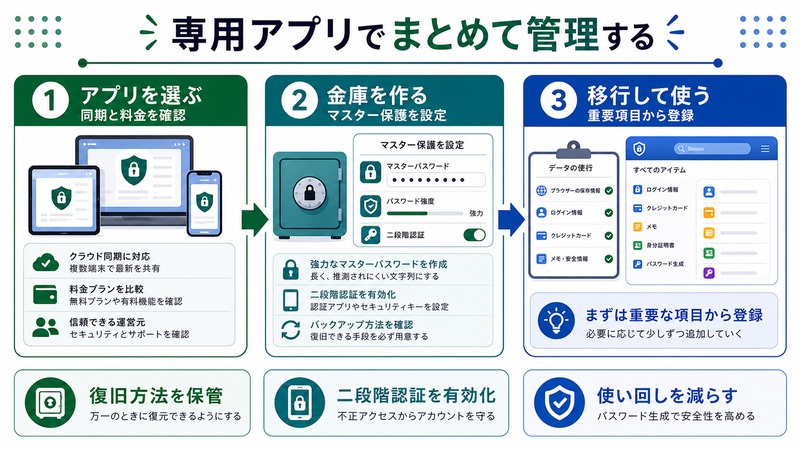 Windowsで専用パスワード管理アプリを選び金庫を作り重要項目から移行する流れをまとめた日本語画像
