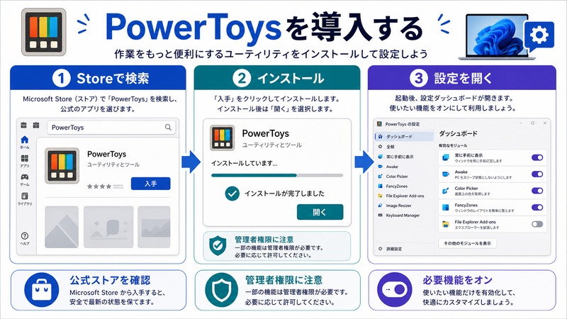 WindowsでPowerToysをStoreから検索してインストールし設定ダッシュボードを開く流れをまとめた日本語画像