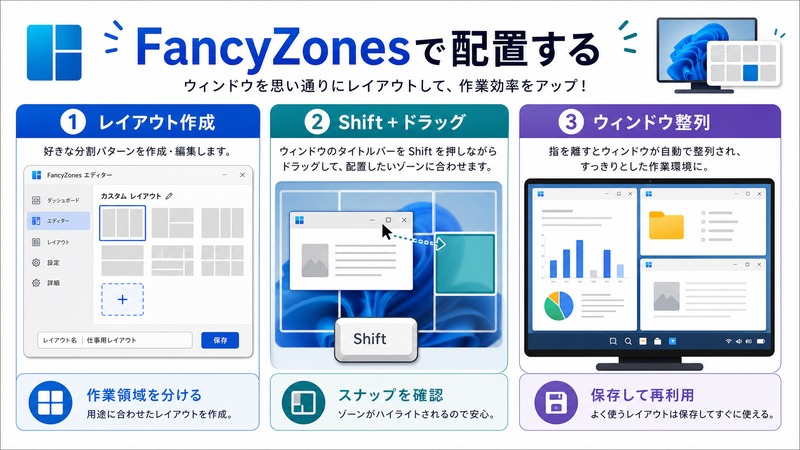 Windows PowerToysのFancyZonesでレイアウトを作成しShiftドラッグでウィンドウを整列する流れをまとめた日本語画像