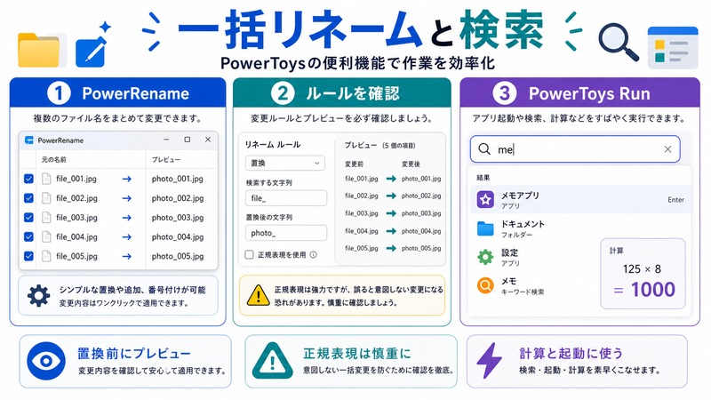 Windows PowerToysのPowerRenameで一括リネームをプレビューしPowerToys Runで検索や計算を使う流れをまとめた日本語画像