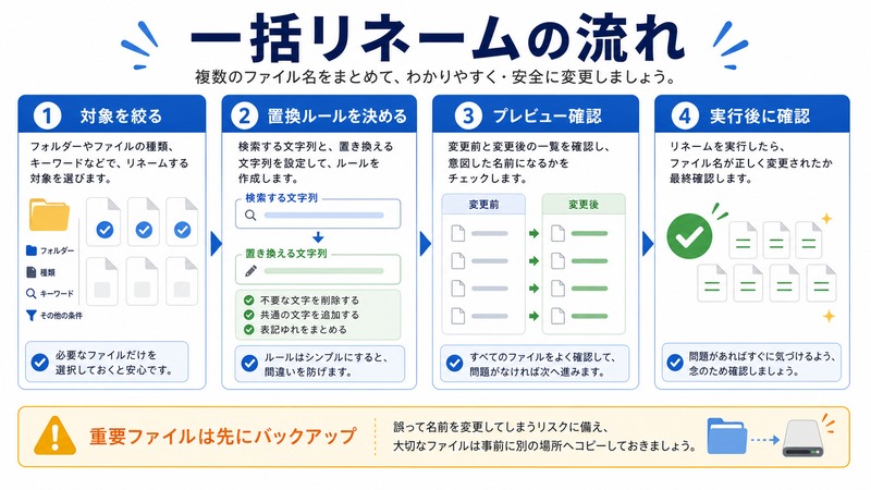 PowerRenameで対象を絞り、置換ルールを決め、プレビューを確認してから実行後に確認する日本語図解