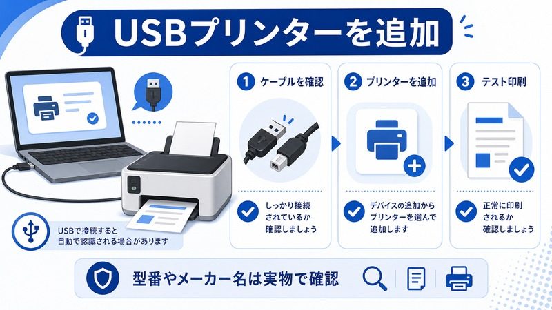 WindowsでUSBプリンターを追加しケーブル確認、プリンター追加、テスト印刷を行う流れを示した日本語図解