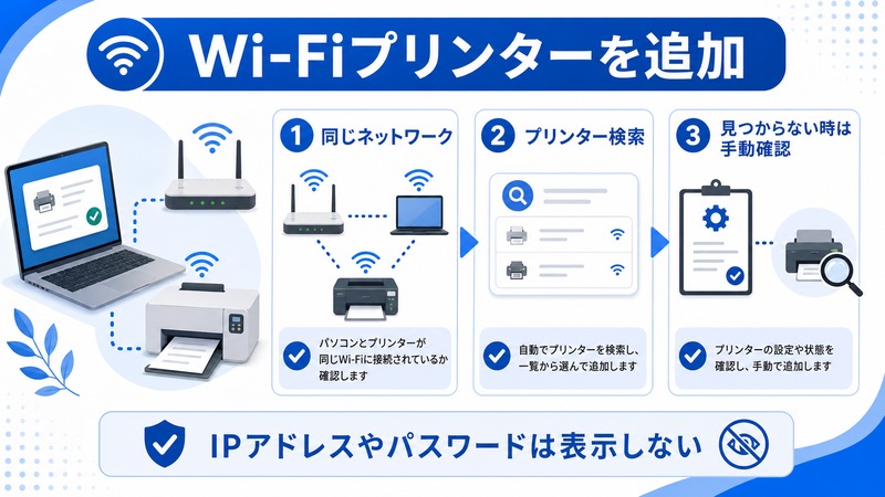WindowsでWi-Fiプリンターを追加し同じネットワーク、プリンター検索、見つからない時の手動確認を行う日本語図解