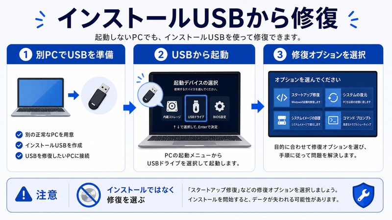 Windowsが起動しない時に別PCでインストールUSBを準備しUSBから起動して修復オプションを選ぶ流れをまとめた日本語画像