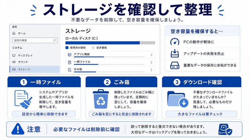 Windowsのストレージ設定で一時ファイルとごみ箱とダウンロード確認を見ながら整理する流れをまとめた日本語画像
