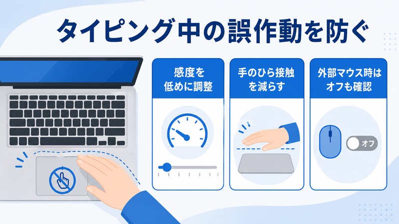 Windowsノートパソコンでタイピング中のタッチパッド誤作動を防ぐため感度や手のひら接触や外部マウス時の設定を確認する日本語画像