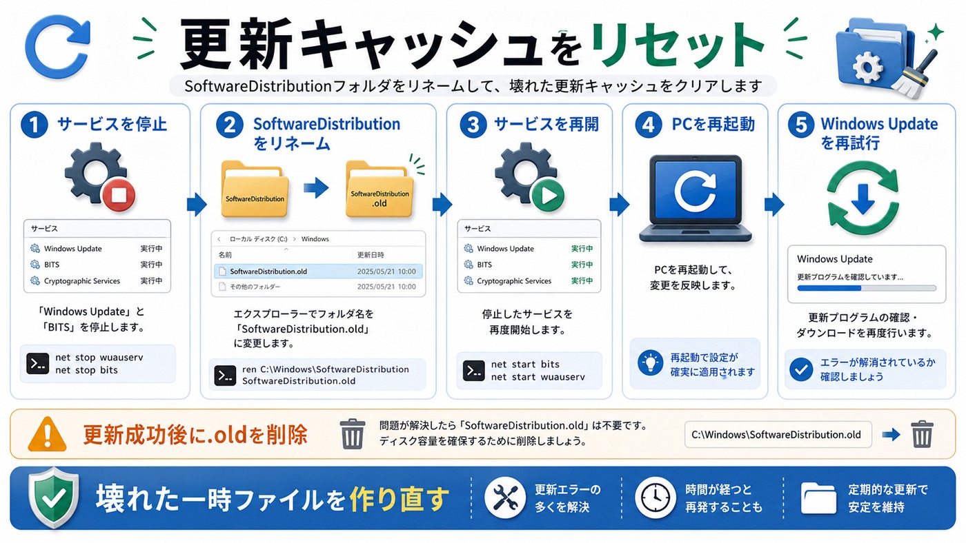 SoftwareDistributionフォルダをリネームしてWindows Updateキャッシュをリセットする図解