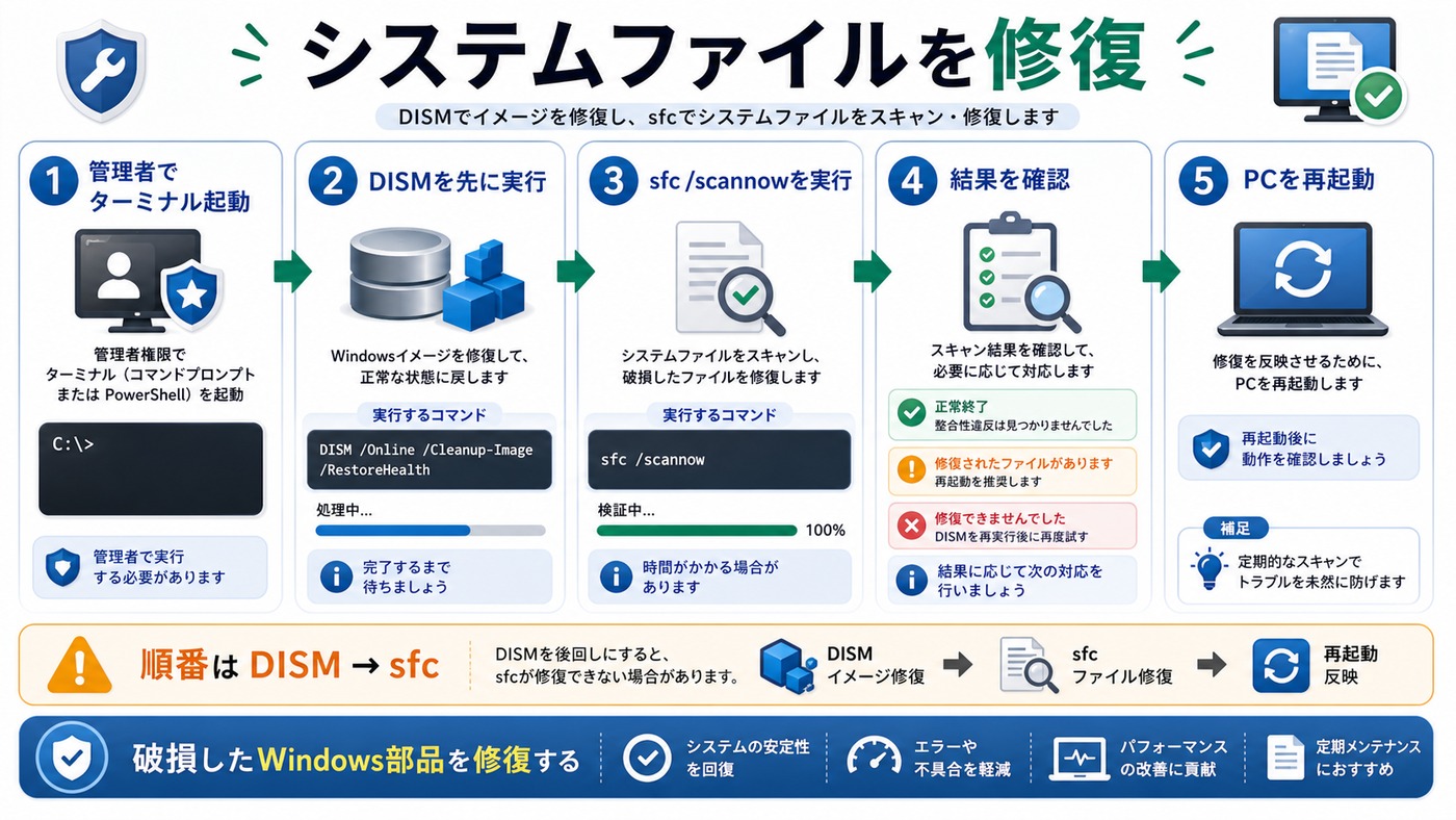 DISMとsfcでWindowsのシステムファイルを修復する順序をまとめた図解