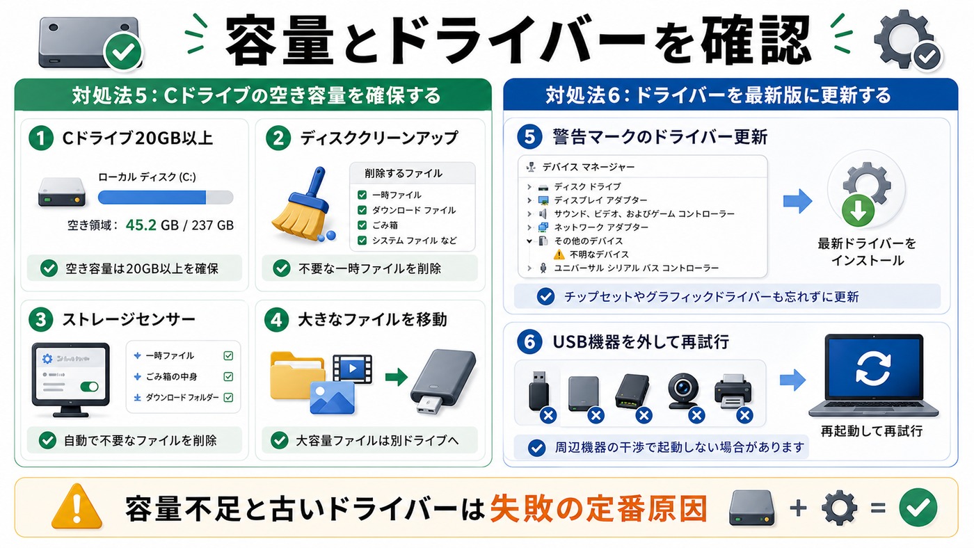 Windows Update失敗時にCドライブ空き容量とドライバーを確認する図解