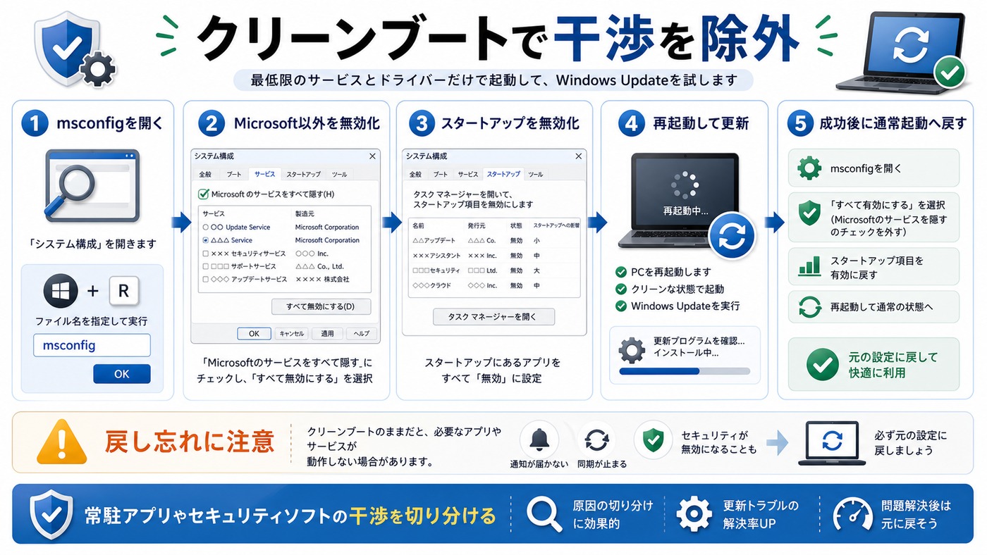 クリーンブートでWindows Updateへの常駐アプリ干渉を切り分ける図解