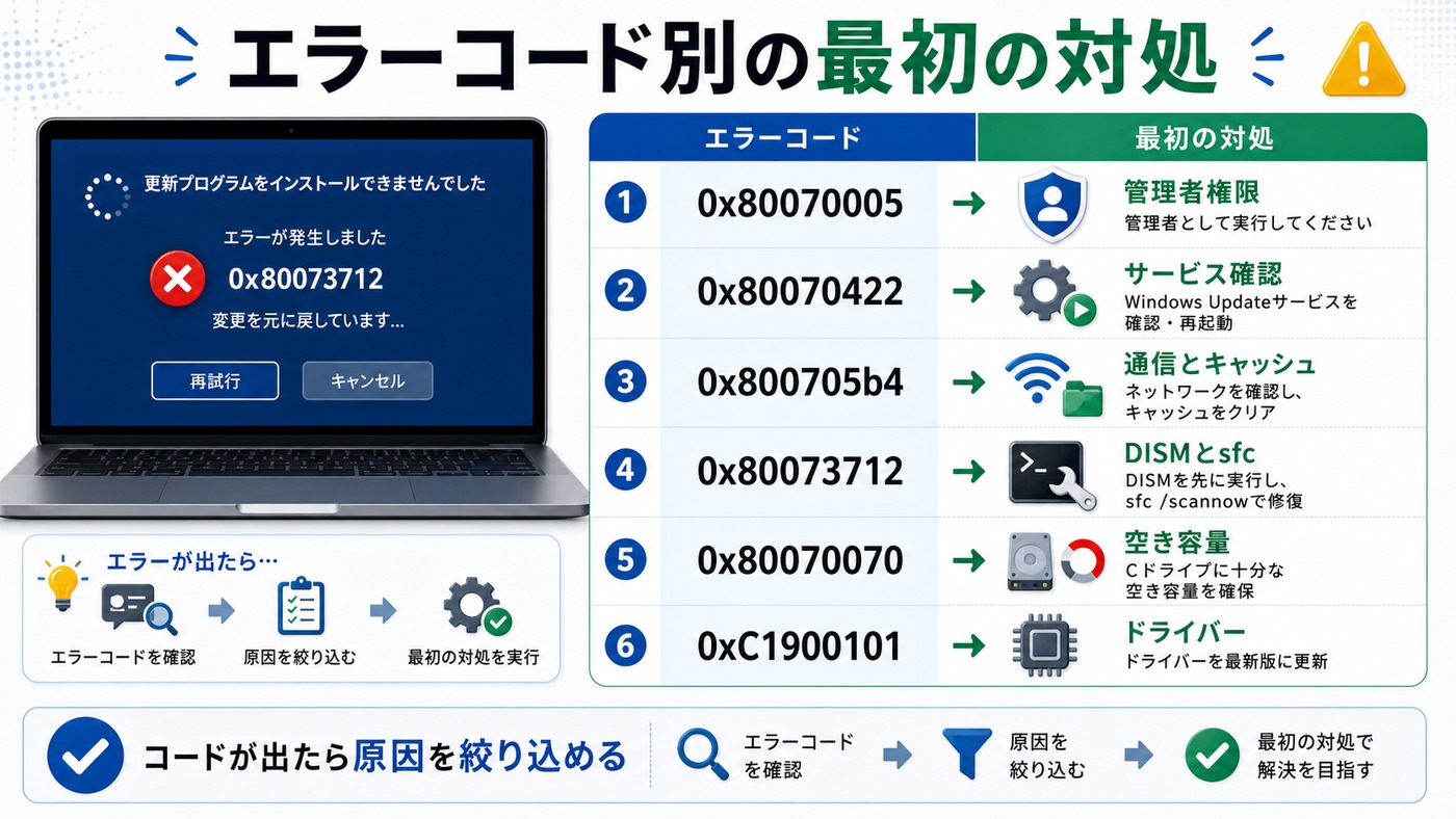Windows Updateのエラーコード別に最初の対処法をまとめた図解