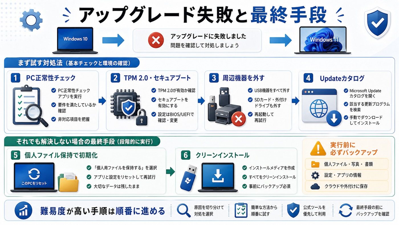 Windows 10から11へのアップグレード失敗と最終手段をまとめた図解