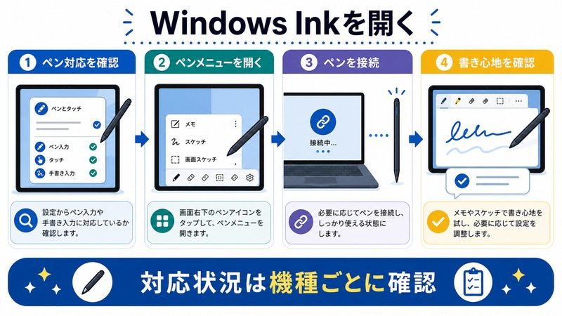 Windows Inkでペン対応、ペンメニュー、ペン接続、書き心地を確認する日本語図解