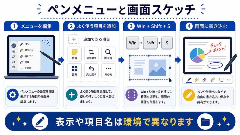 Windows Inkでペンメニューを編集し、よく使う項目を追加し、Win + Shift + Sで画面に書き込む日本語図解
