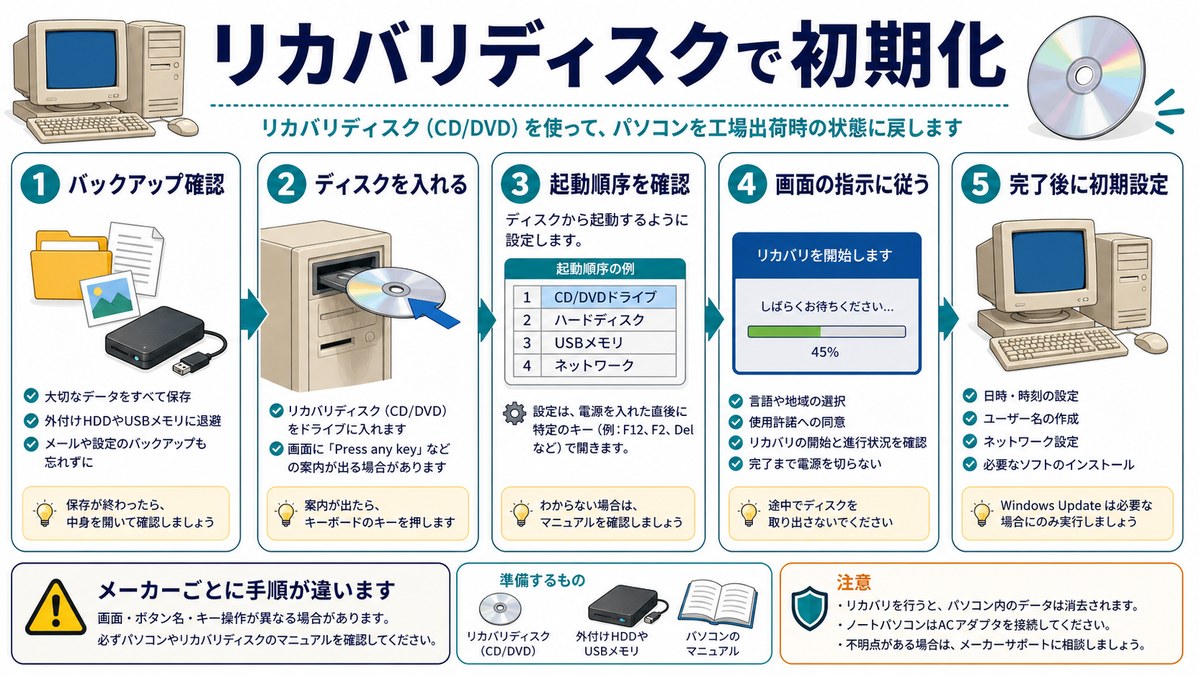 Windows XPをリカバリディスクで初期化する手順を示した図解