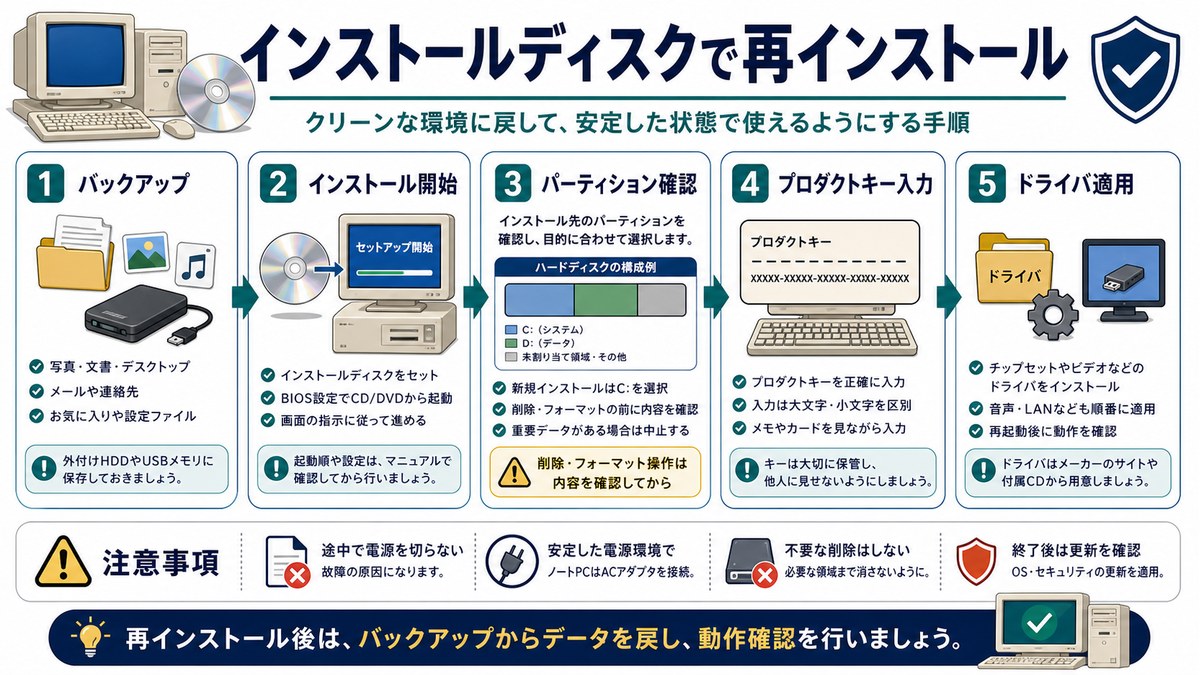 Windows XPをインストールディスクから再インストールする流れを示した図解