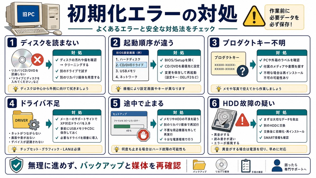 Windows XP初期化時によくあるエラーと確認項目をまとめた図解