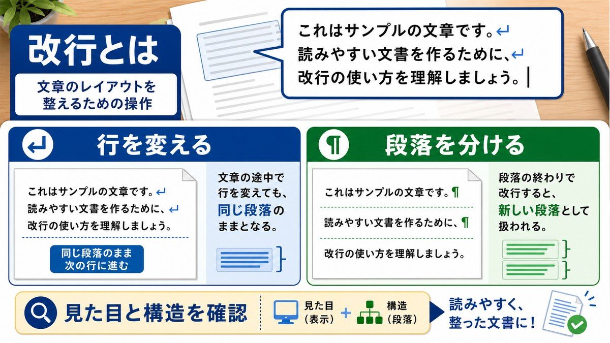 Wordの改行と段落の違いを左右で比較した図解