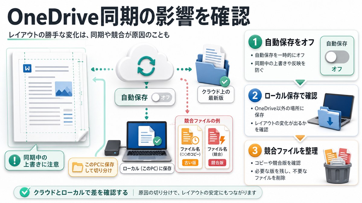 Word文書でOneDrive同期の影響を確認する手順をまとめた日本語画像