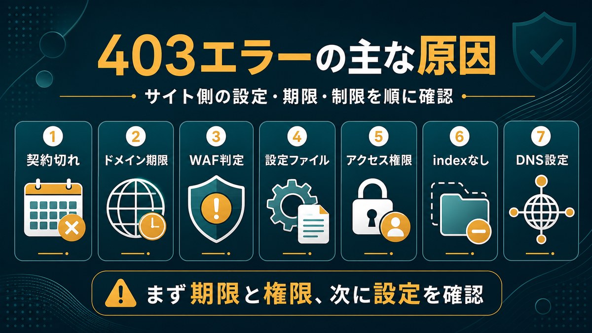 403エラーの主な原因を契約切れやWAFや権限設定に分けて整理した図解