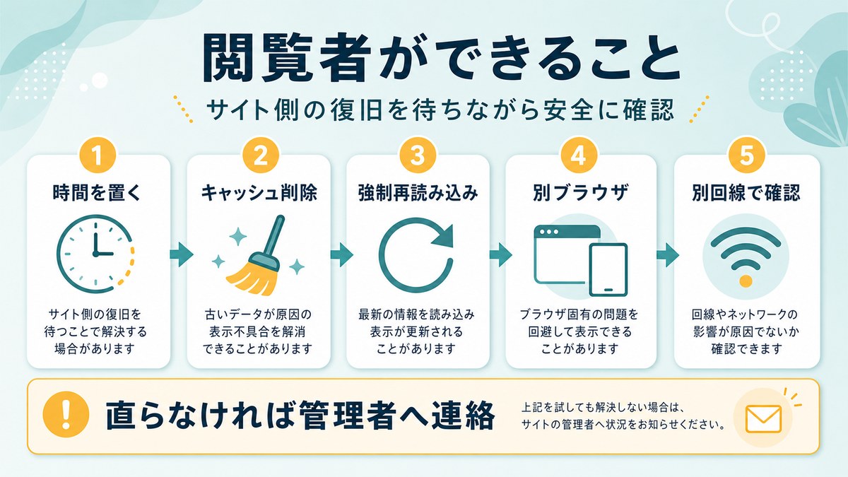 403エラーが表示された時に閲覧者が時間を置くことやキャッシュ削除を試す流れの図解