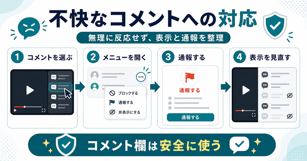 不快なコメントを選び、メニューを開いて通報し、表示を見直す流れを示した図