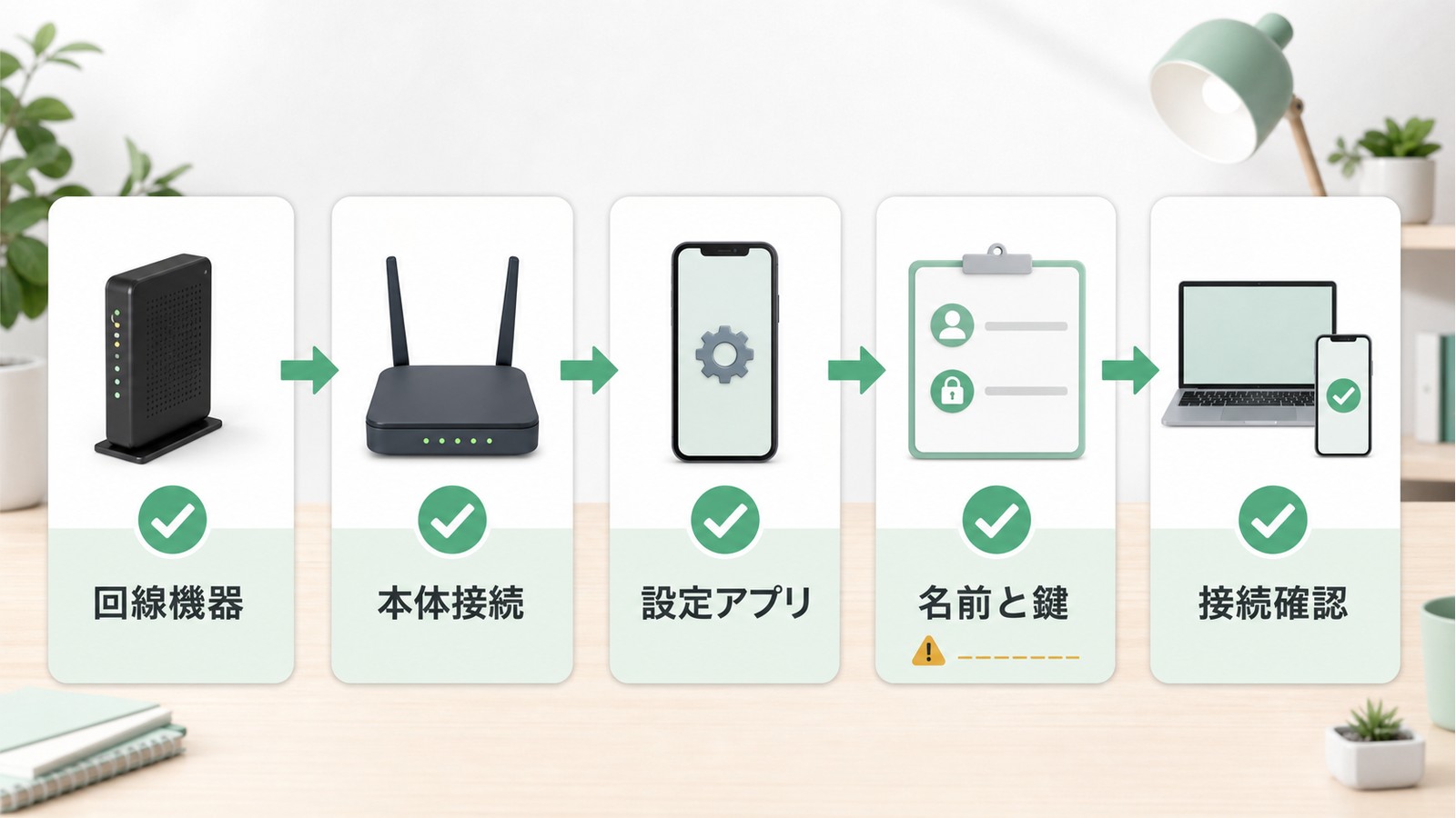 AirMac Extremeの初期設定で回線機器本体接続設定アプリ名前と鍵接続確認を順番に進める図解
