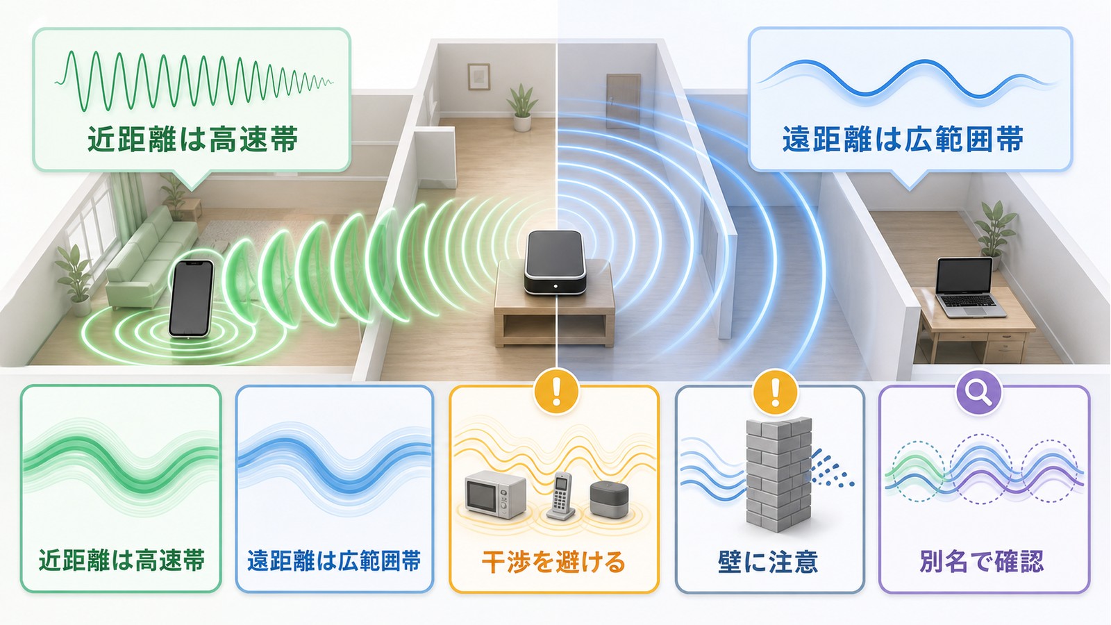AirMac Extremeで接続が不安定な時に近距離は高速帯遠距離は広範囲帯として使い分ける図解