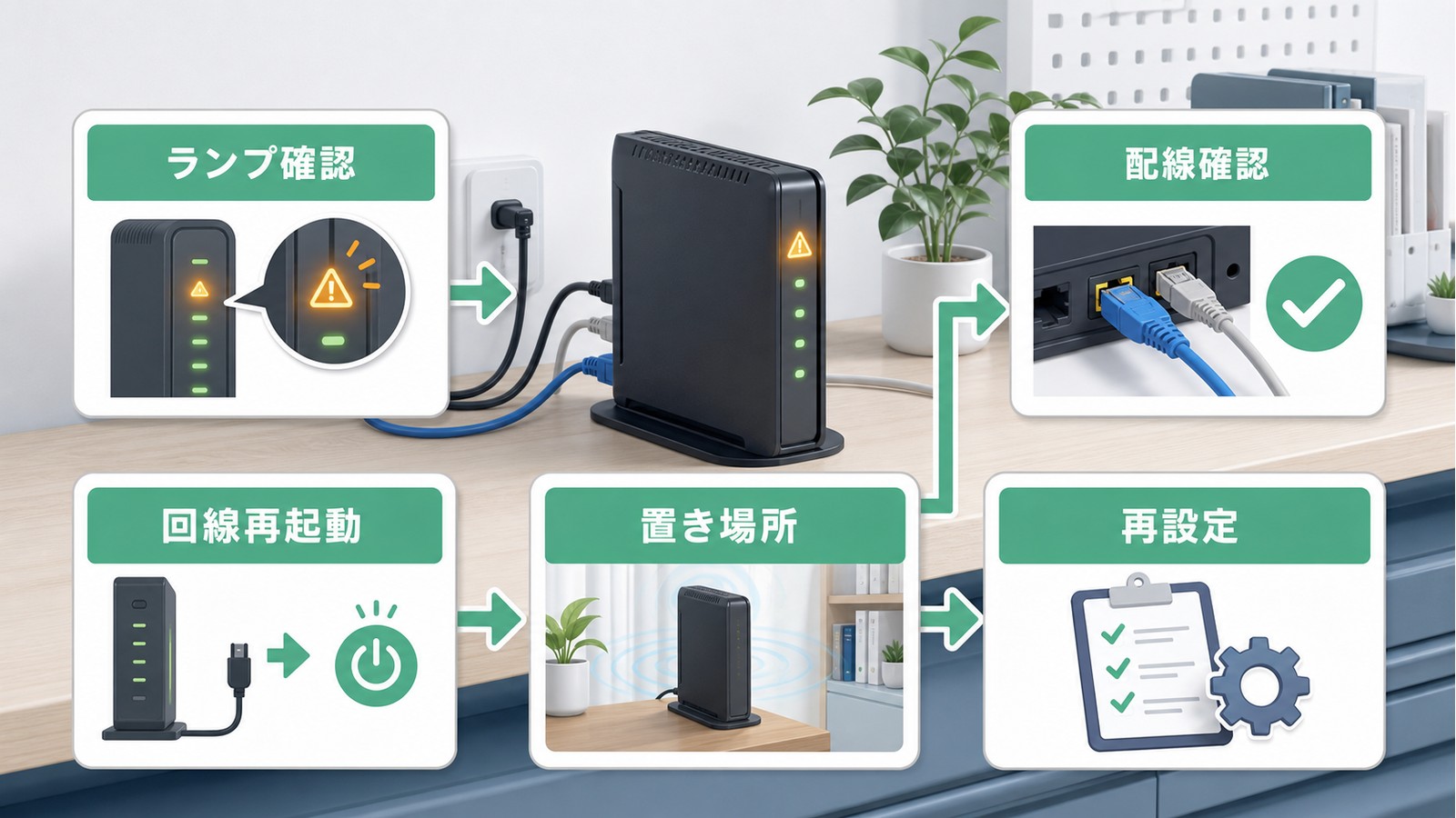 AirMac Extremeでランプ確認配線確認回線再起動置き場所再設定を順に見るトラブル対処図解