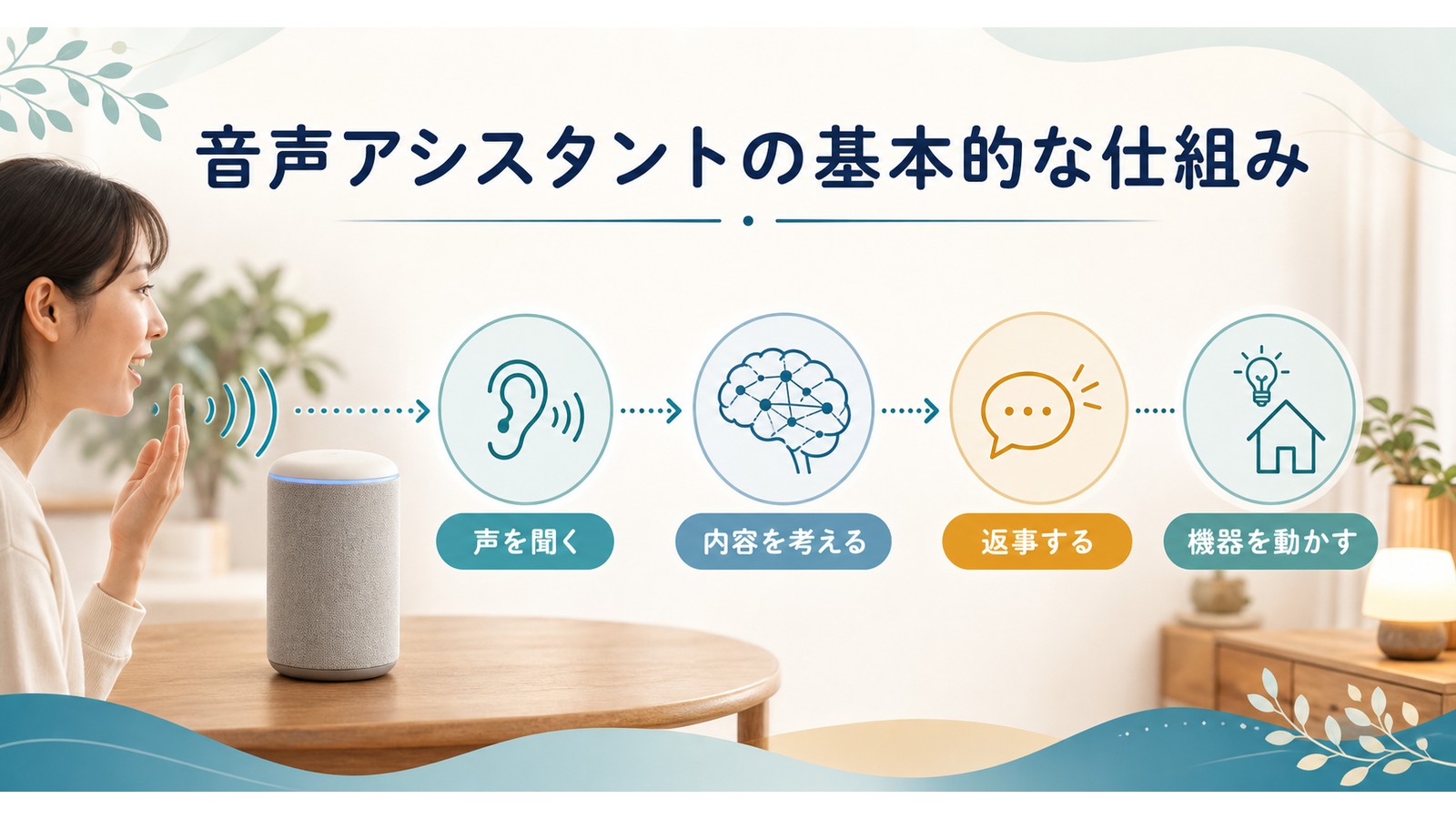 Alexaが声を聞き内容を処理して返事し機器を動かす基本の仕組みを整理した図解