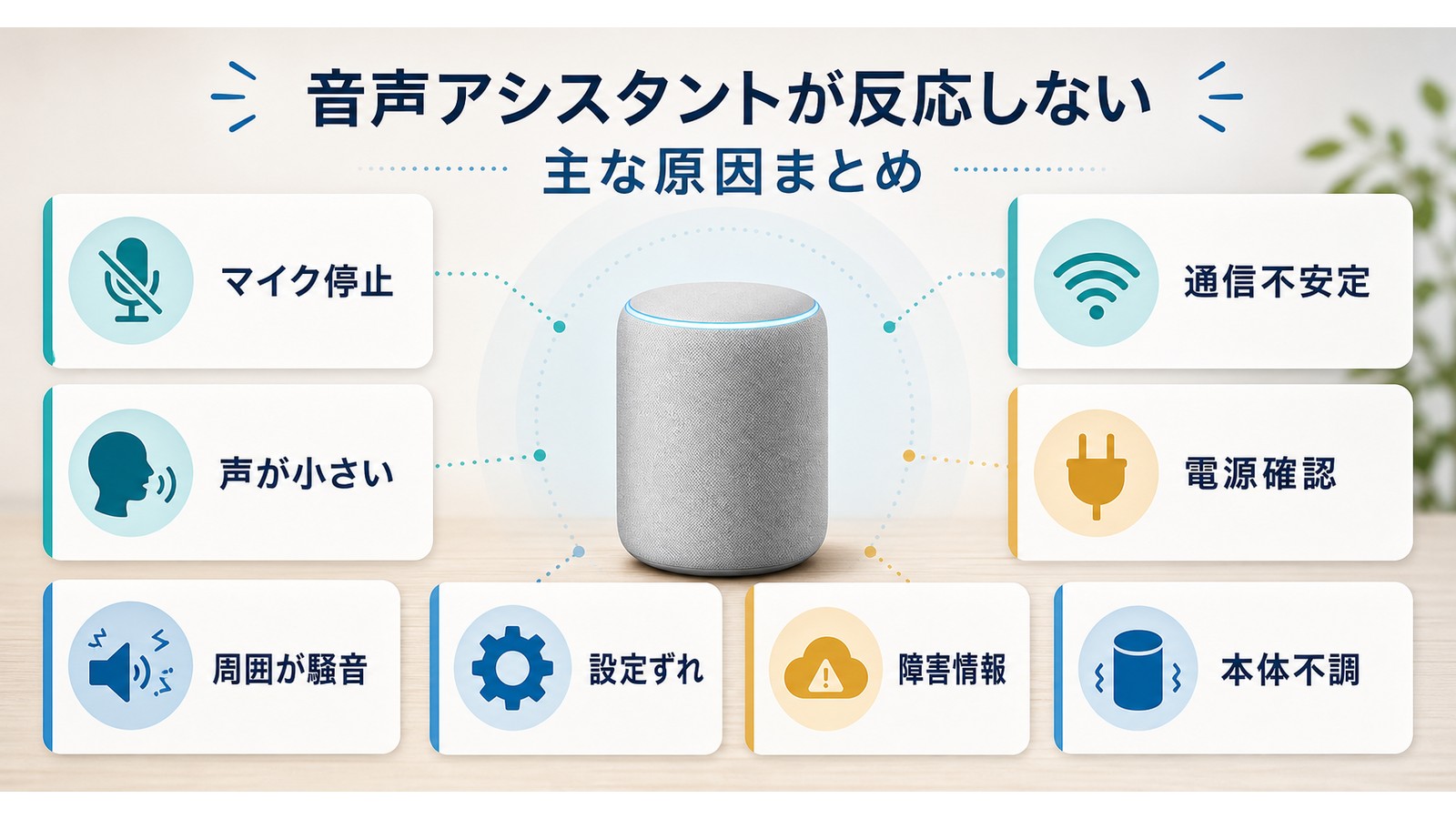 Alexaが反応しない原因としてマイク停止声が小さい騒音通信不安定電源設定障害本体不調を整理した図解