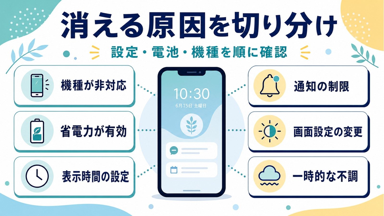 常時表示が消える原因を機種非対応省電力表示時間通知制限画面設定一時不調に分けた図解