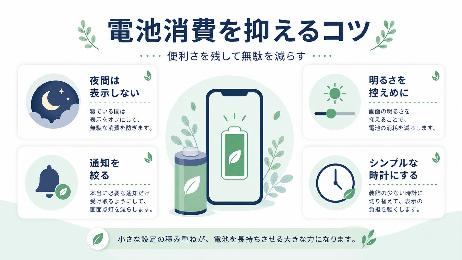 常時表示の電池消費を抑えるため夜間非表示明るさ控えめ通知絞りシンプル時計を整理した図解