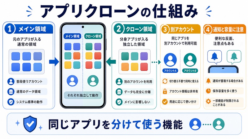メイン領域、クローン領域、別アカウント、通知と容量の注意点を整理した図解