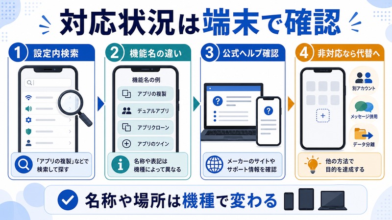 設定内検索、機能名の違い、公式ヘルプ、非対応時の代替を確認する図解