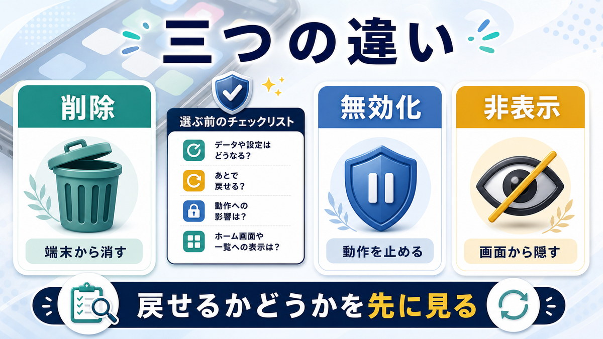 Androidアプリの削除無効化非表示の違いを端末から消す動作を止める画面から隠すで整理した図解